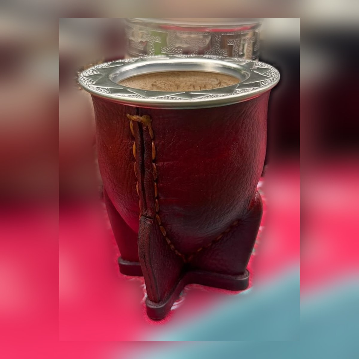 Mate Camionero negro cuero liso virola labrada