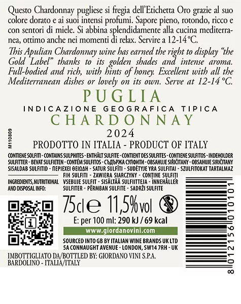 Vino GIORDANO Bianco secco  "Esclusivo Etichetta Oro" Chardonnay Puglia IGT (ITA) 2024