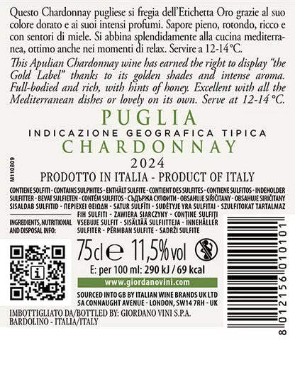 Vino GIORDANO Bianco secco  "Esclusivo Etichetta Oro" Chardonnay Puglia IGT (ITA) 2024