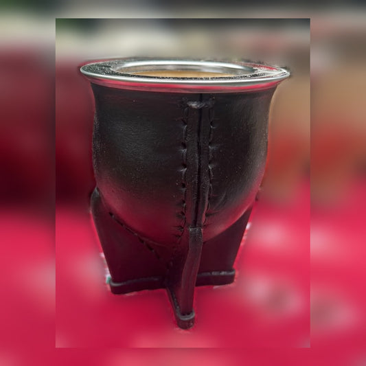Mate Camionero negro cuero liso virola labrada