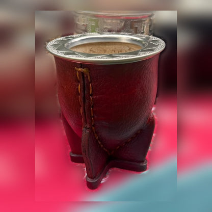 Mate Camionero negro cuero liso virola labrada